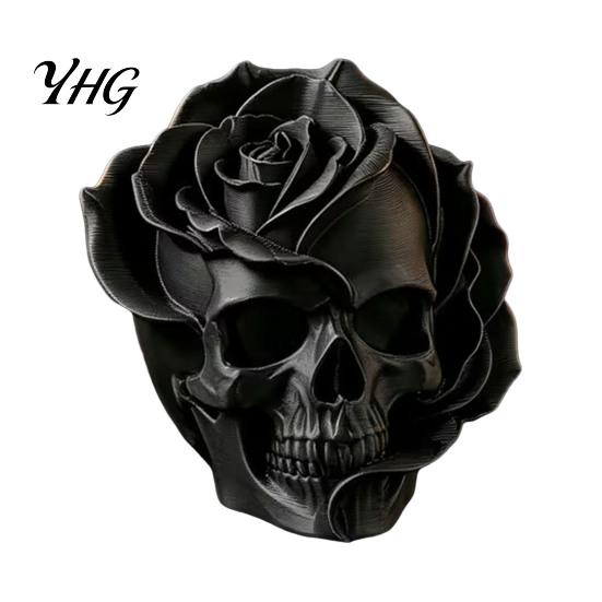 Rose Skull Decor Figurine, 3D Printed Gothic Ornament, Spooky Flower Home Statue, Halloween Centerpiece for Table Shelf Theme Party Supplies