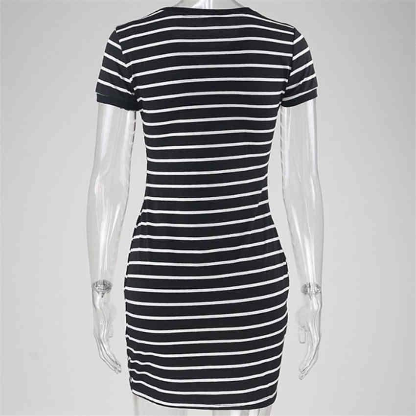 Women Striped Bodycon Dress Summer Short-sleeved Casual Dress Round Collar Beach Holiday Dress