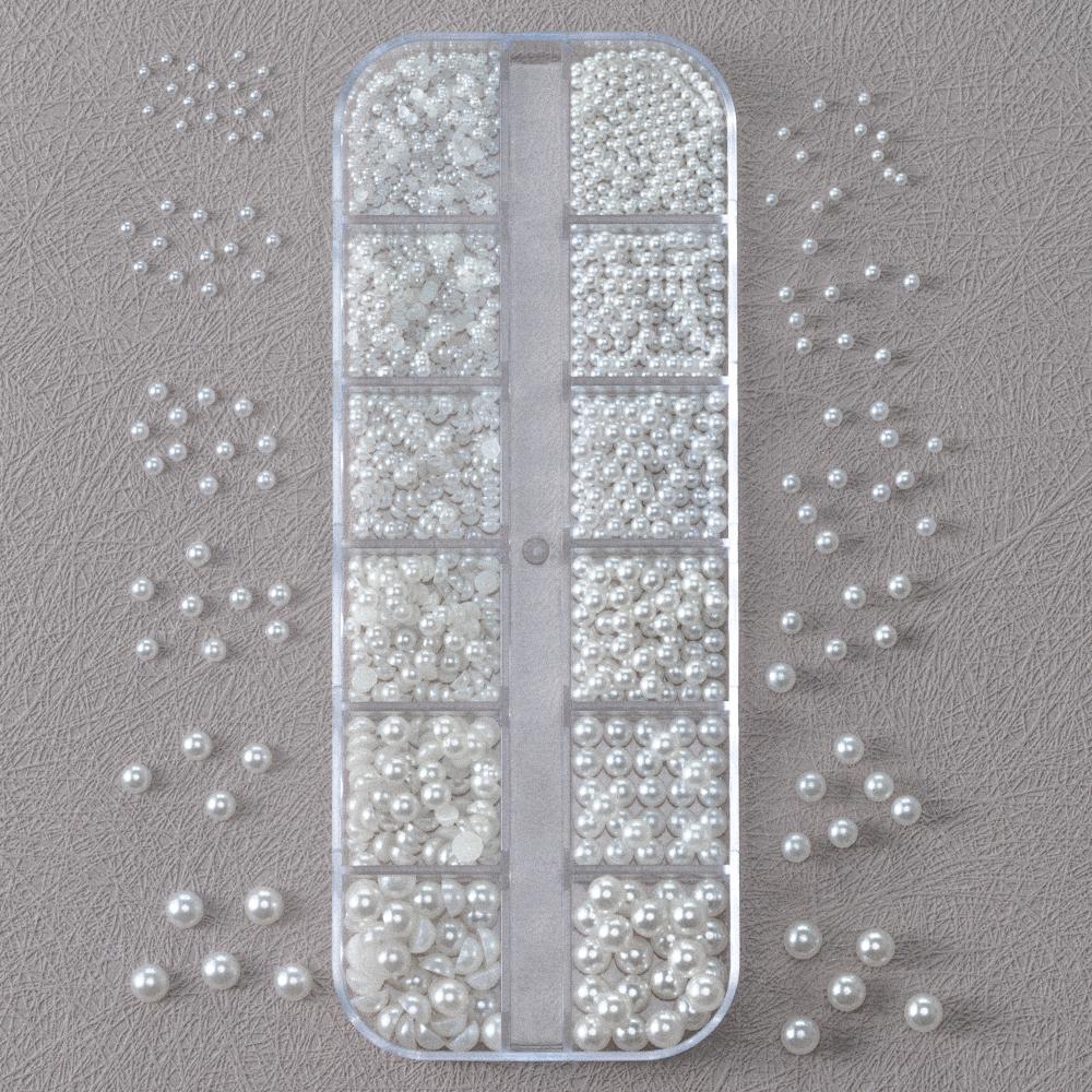 12Grids 3D Mixed White Pearls Nail Charms 0.15-0.5mm Round/Semicircle Pearl Beads Nail Art Rhinestones DIY Manicure Accessories