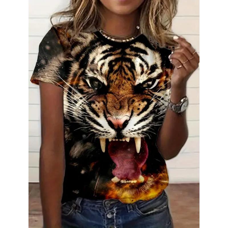 Summer Round Neck Short Sleeved Casual Versatile Top with Animal Print Women's T-shirts