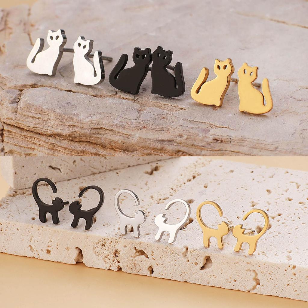 3 Paires Boucles d'Oreilles Animaux Dessin Animé Acier Inoxydable Boucles d'Oreilles Chat pour Femmes Petites Puces d'Oreilles Bijoux Piercing Oreille Drôle