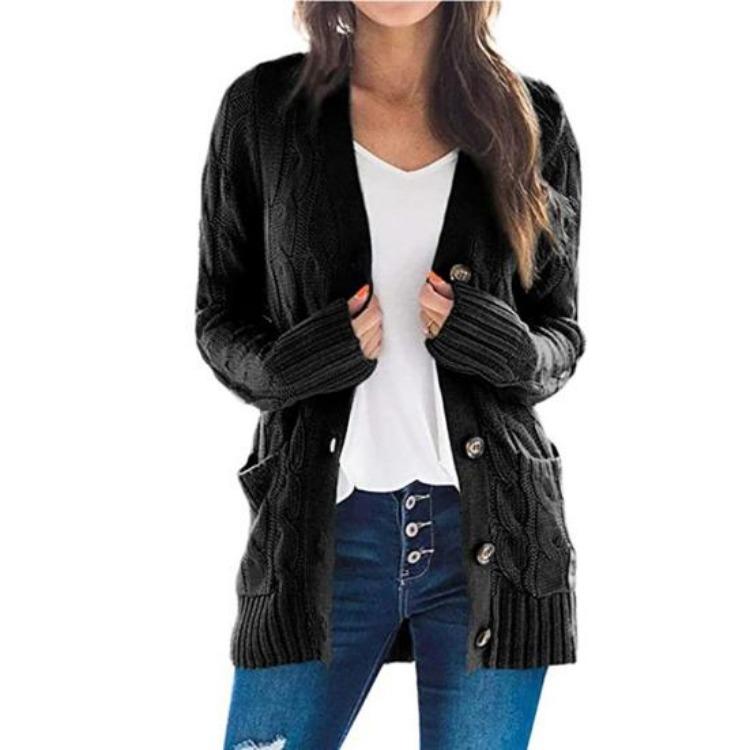 

Autumn Women Knitted Cardigan Open Front Coat Sweater with Pockets Button Outwear S чёрный