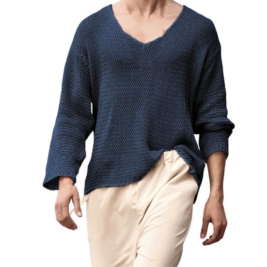 Men Sweater V Neck Easy To Match Breathable Elastic Comfortable Knit Long Sleeves Loose Pullover Fall Sweater Men Clothes