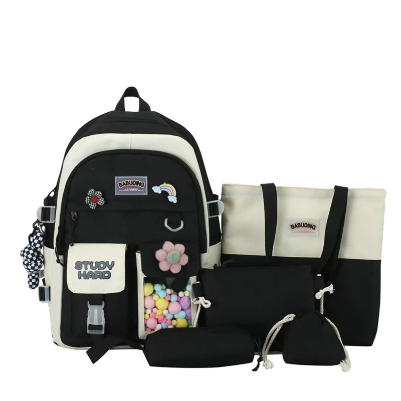 5pcs Sets Children's School Backpack Kawaii Women's Bagpack Bookbag Laptop Bag for Teens Girls  Students Totes Sac
