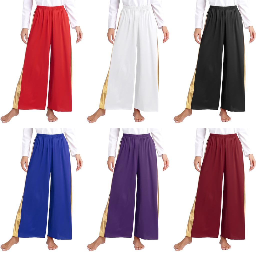 Womens Liturgical Dance Pants Metallic High Waist Elastic Waistband Wide Leg Loose Performance Trousers