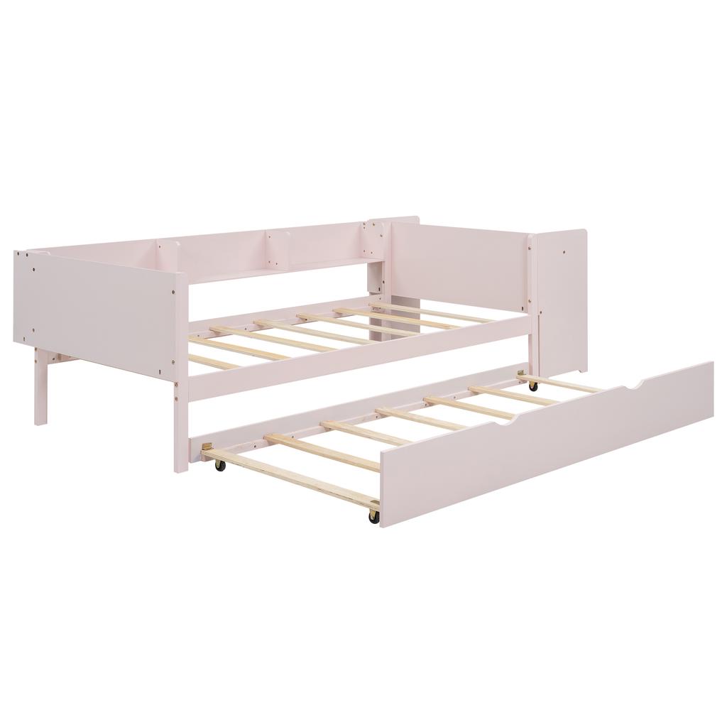 Low Bed 90*200cm, with Pull-out Bed, with Desk, Three Shelves on the Side of the Bed, Pink