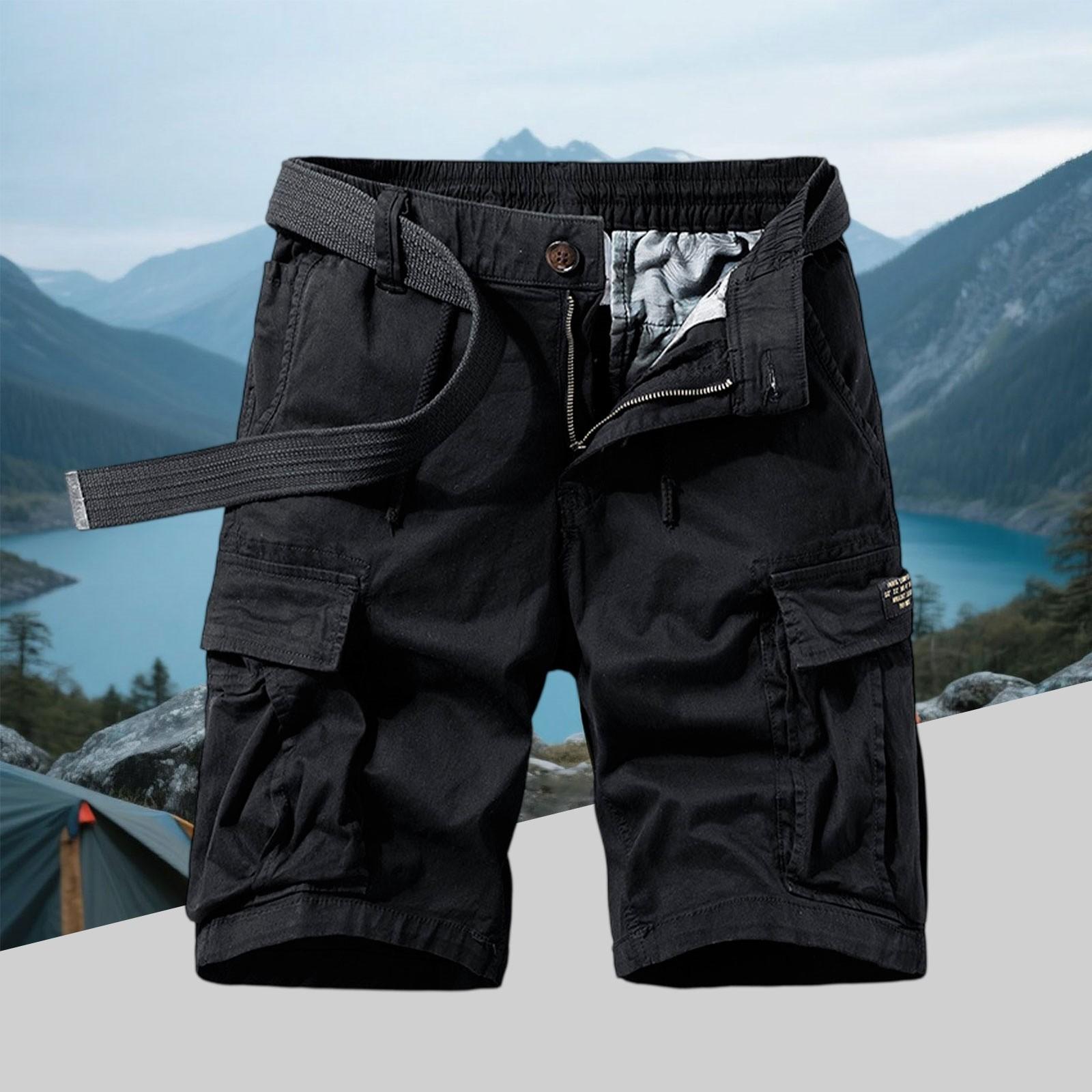 

Men s Vintage Cotton Cargo Shorts - Multi-Pocket Zippered Elastic Waistband Pre-Washed Military XXL чорний