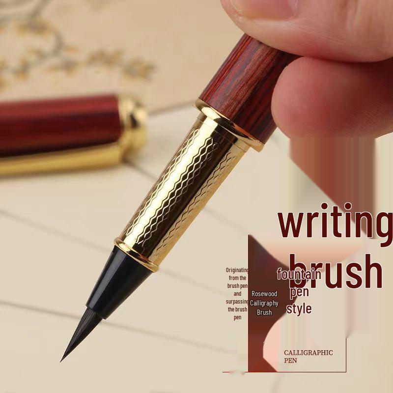 Sandalwood Brush Pen: Portable Calligraphy Soft Tip, Regular Script Ink Cartridge, Engravable Pen