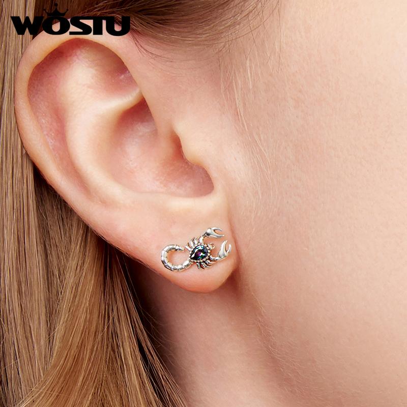 WOSTU 925 Sterling Silver Retro Scorpion Earrings Women Desert Animal Rainbow Mystic Crystal Punk Stud Earring Girl Hip Hop Gift