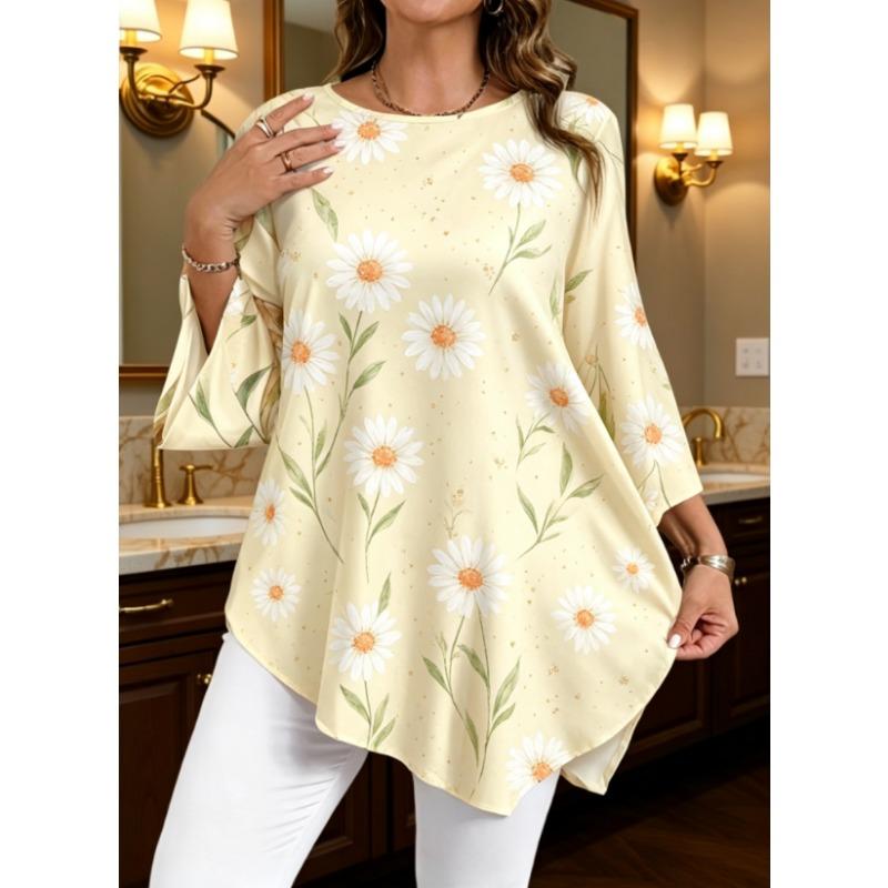 Elegant Plus Size Women's Top, Casual Full-Pattern Asymmetrical Hem, Beautiful