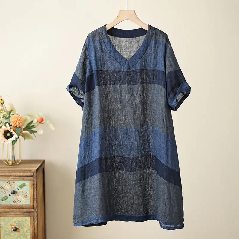 

Полосатое хлопково-льняное платье-футболка женское летнее тонкое свободное средней длины с V-образным вырезом и короткими рукавами женская футболка-юбка S синий