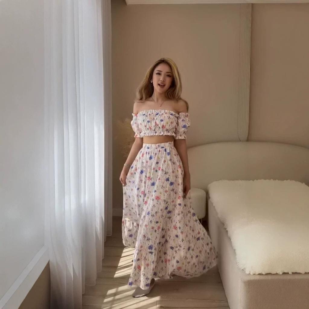 Abbigliamento europeo e da donna nuovo stile festivo floreale monospalla top corto gonna lunga svasata set