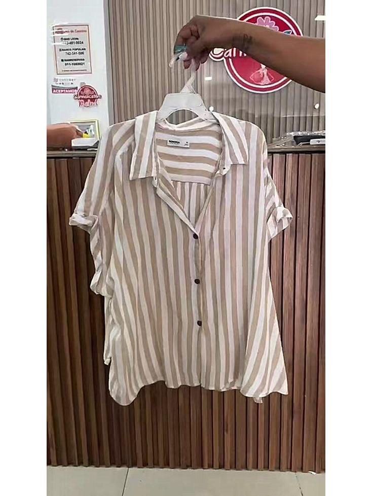 2025 Шикарная европейская и американская женская полосатая свободная рубашка с лацканами и коротким рукавом Extra Large