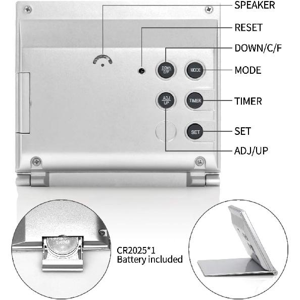 Betus Digital Travel Alarm Clock - Foldable Calendar Temperature Timer LCD Clock with Snooze Mode - Large Number Display, Battery Operated - Compact