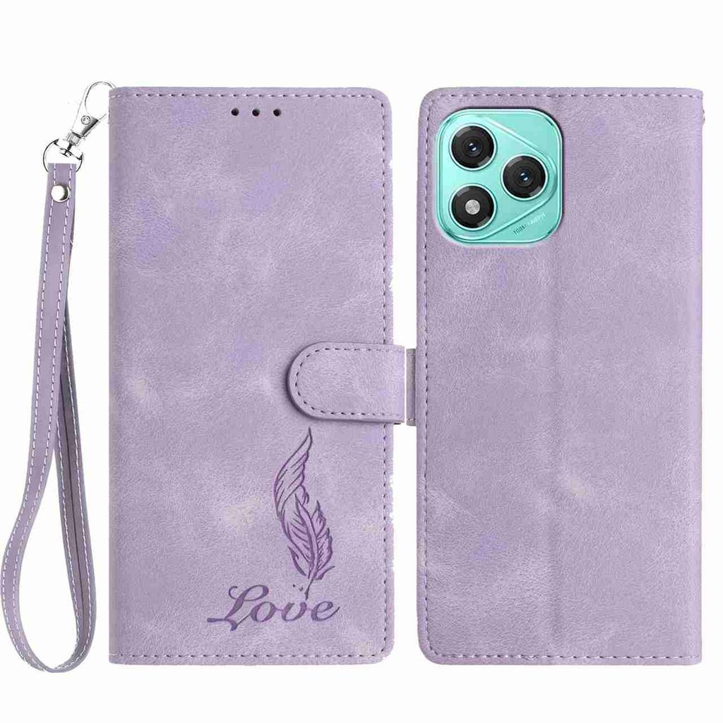 For Honor 400 Lite 5G Case Imprinted Feather PU Leather Wallet Phone Cover with Wrist Strap