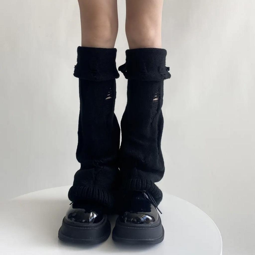 Autumn Winter Japanese Y2K Spice Girl Subculture Hole Open Cuffed Ripped Mid-calf Cute Versatile Leg Socks Covers