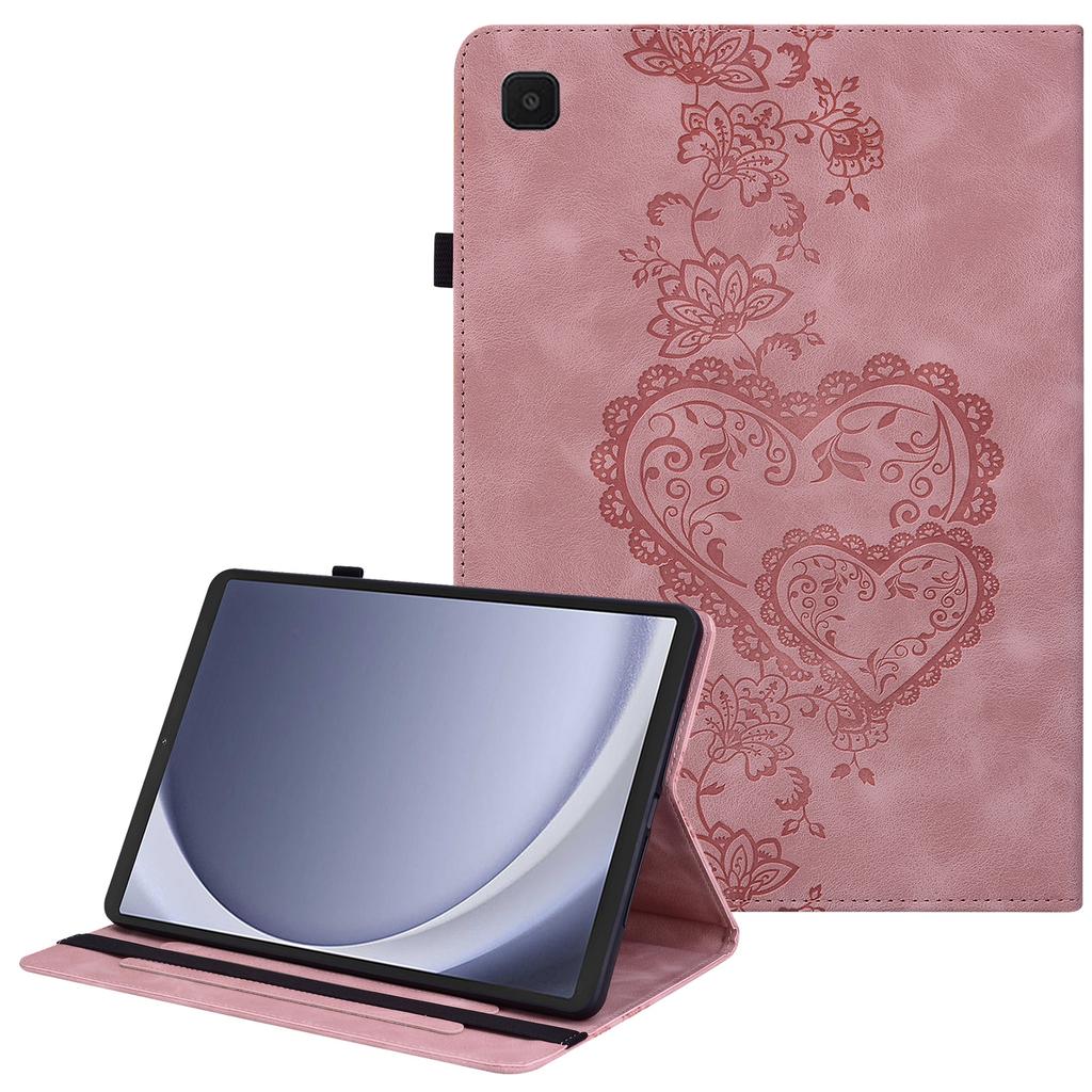 For Samsung Galaxy Tab A11/A9 Leather Case Heart Imprint Foldable Stand Card Slot Stylus Holder Tablet Cover