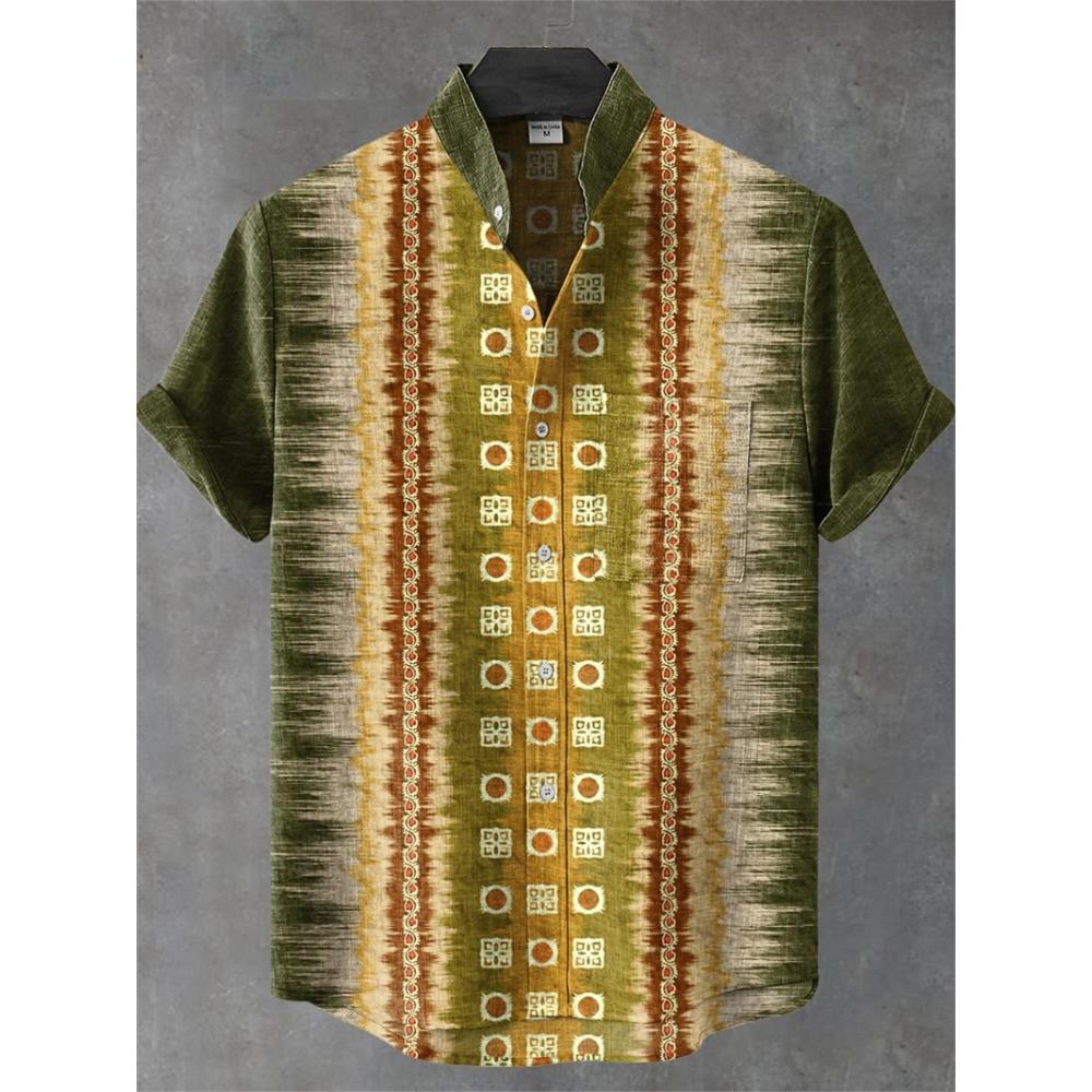 Nuova Camicia da Uomo a Maniche Corte Stile Etnico Vintage Stampa Artistica di Pavone Geometrica 3D Camicia Casual in Lino