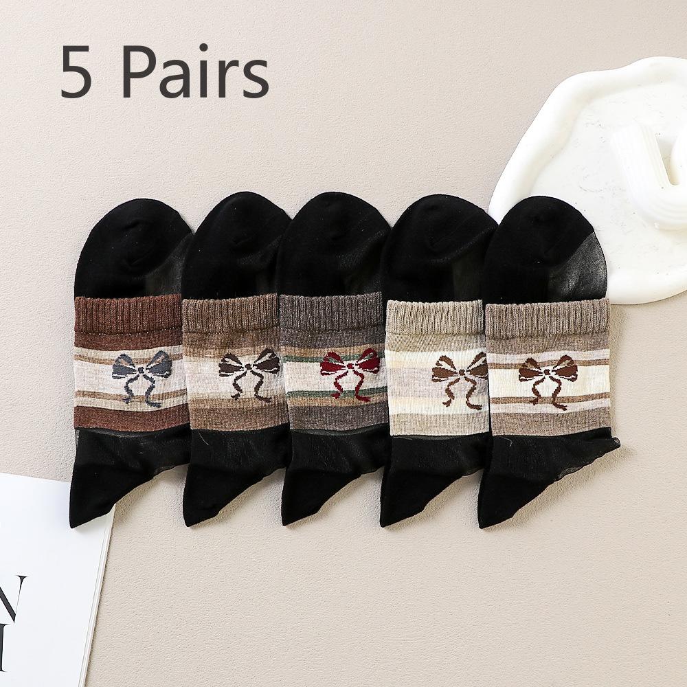5 Pairs of Ultra-thin Socks with Cotton Soles and Silk Surfaces. The Cuffs Are Loose in Winter To Prevent Fraying. Cartoon Design.