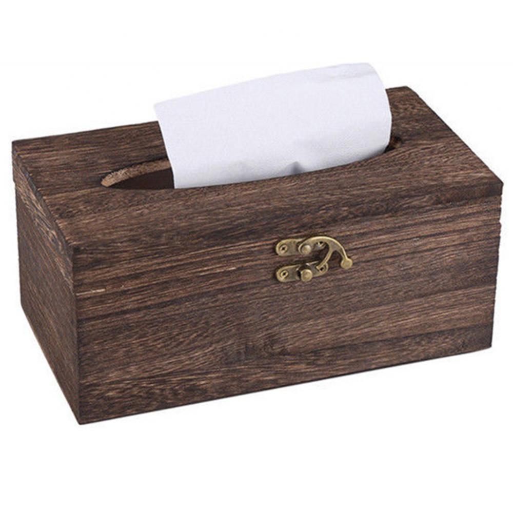 Solid Wood Tissue Case Vintage Metal Lock Desktop Tissue Box Household Home Living Room Decoration Storage Box Napkin Holder