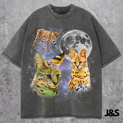 Three Serval Moon Shirt, Funny Wild Cat T-shirt, Retro Celestial Feline Tee, Unique African Serval Lover Gift, Galaxy Animal Top
