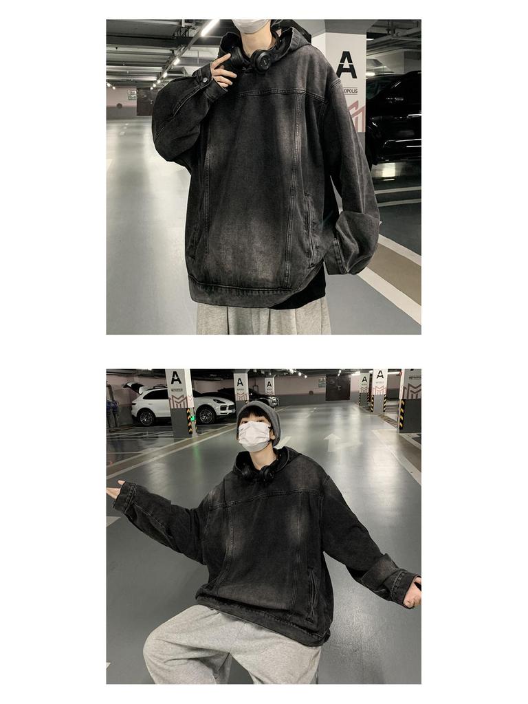 Men's Retro Denim Hooded Sweatshirt Jacket – Washed Distressed Look for Autumn/Winter