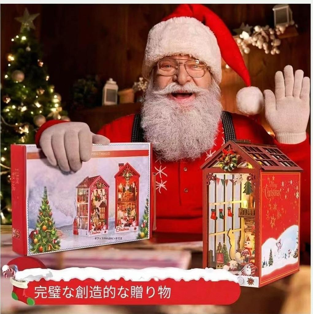 Miniature Dollhouse Christmas Wooden Puzzle Miniature House Kit with Bookshelf Music Box and Sensor Christmas 3D DIY Craft Beginner Adult Birthday