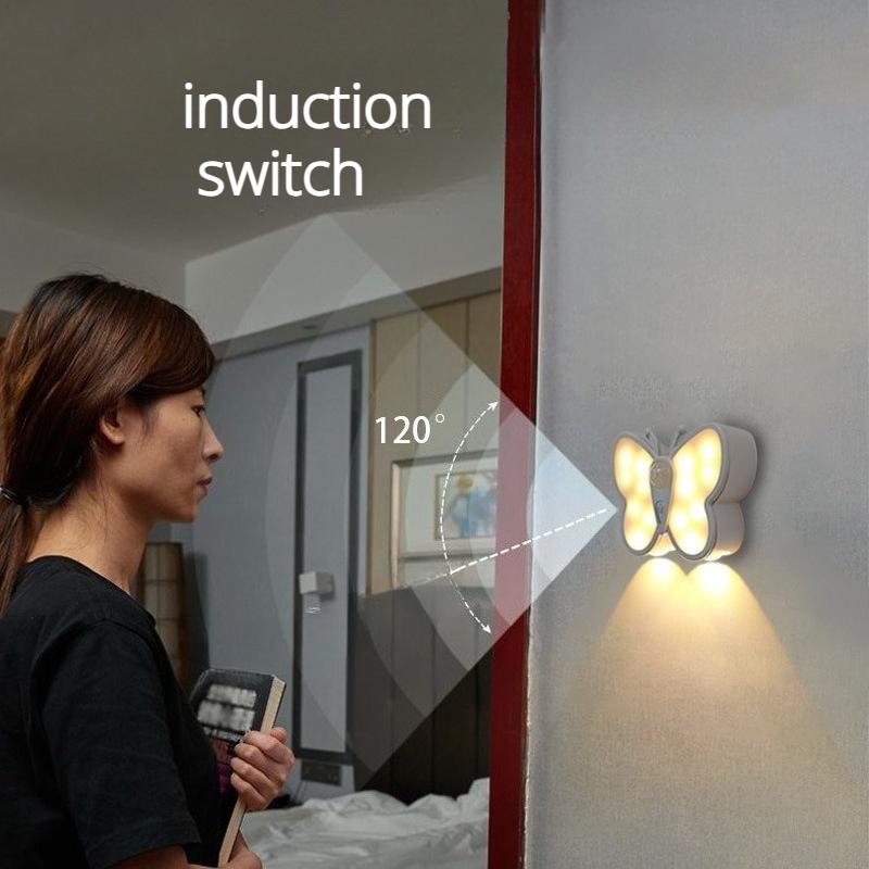 LED Wall Lamp Butterfly Sensor Lamp Bedroom Bedside Living Room Cabinet Staircase Decoration Night Light Rechargeable Dimming