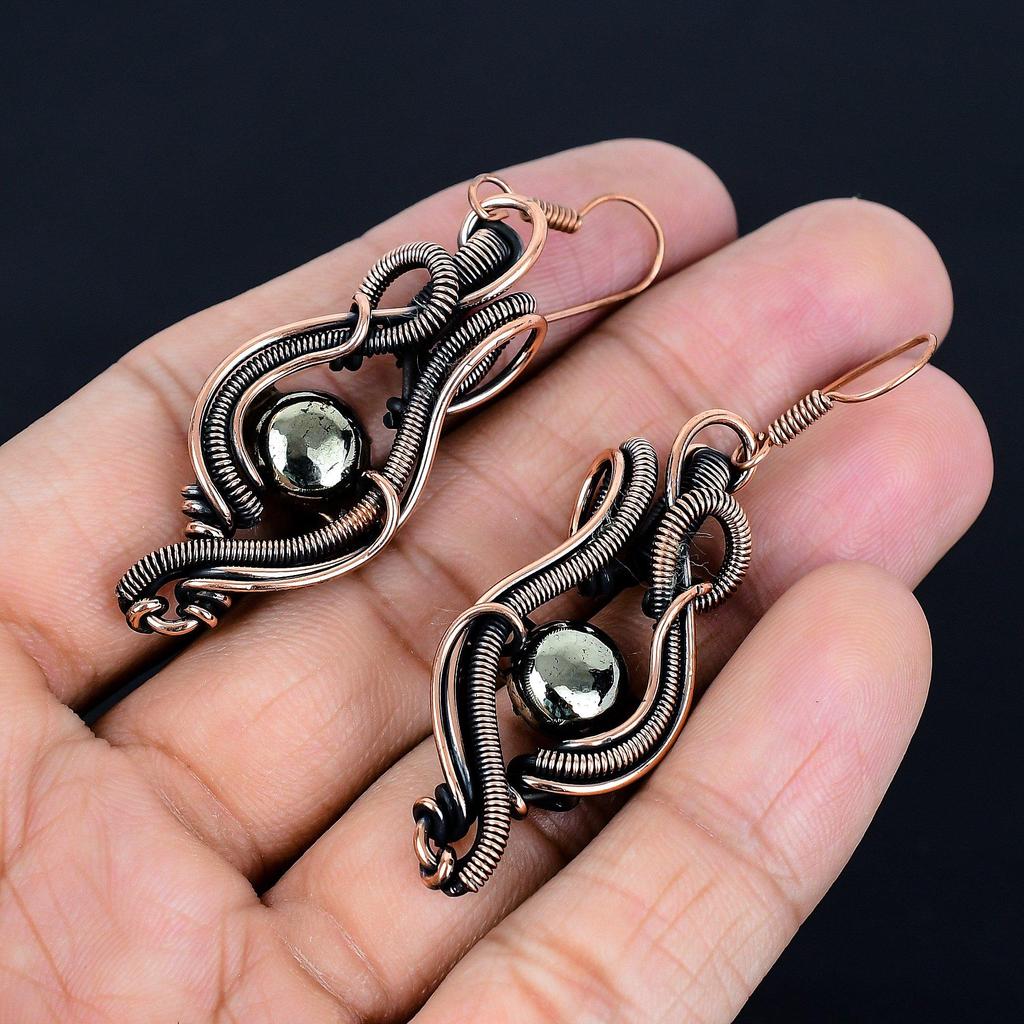 Golden Apache Pyrite Earrings, Gemstone Handmade Pure Copper Wire Wrap Jewelry Earrings, For Memorial Gift