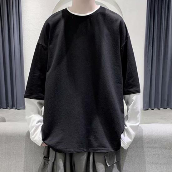 Men T-shirt Fake Two Pieces Long Sleeves O Neck Contrast Color Sweatshirt Warm Casual Plus Size Soft Hip Hop Men Top for School
