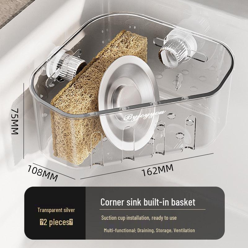 Corner Sink Storage Rack - Multi-functional Sponge & Dish Organizer with Suction Cup Wall Mount