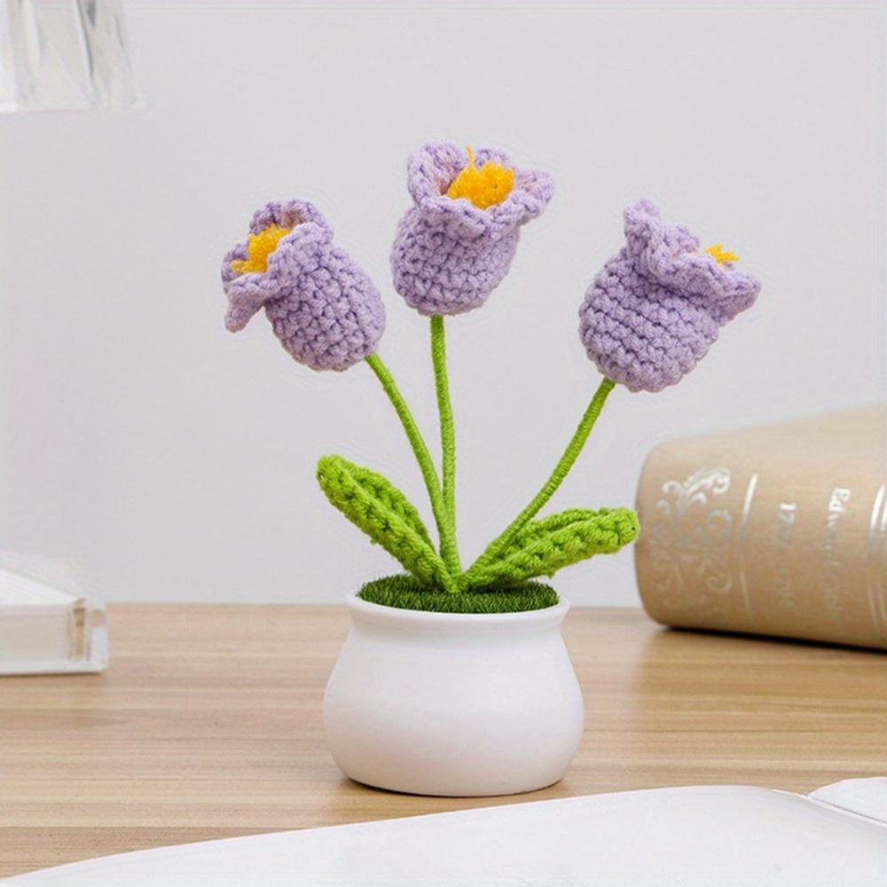 2 Pcs Knitting Crochet Bell Orchid Flowers Potted Plants for Wife Girlfriend and Women, Handmade Flowers for Car Decoration Home Decoration