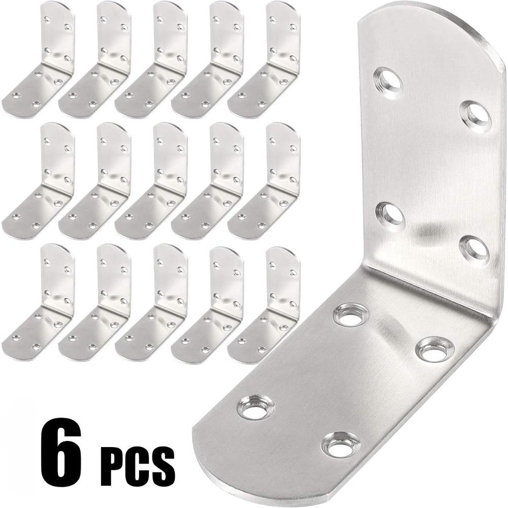 6Pcs Heavy Duty Stainless Steel L Bracket 90 Degree Angle Corner Support Bracket For Furniture Cabinet Shelf Wood Chair