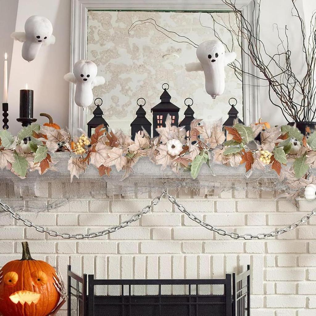 Halloween Garland For Mantle 5.9FT White Thanksgiving Pumpkin Autumn Garland Party Centerpieces For Bookshelf Kitchen Festival