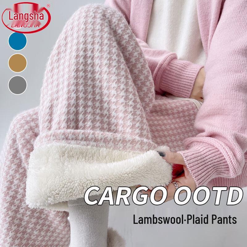 Langsha Women's High-Waist Fleece-Lined Houndstooth Wide-Leg Pants