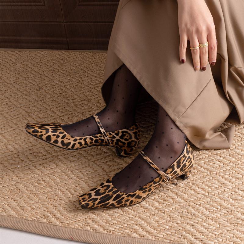 Fashion 2024 New Spring Women Pumps Leopard Print Square Toe Genuine Leather Women Shoes Mary Janes Black Kid Suede Ladies Shoes