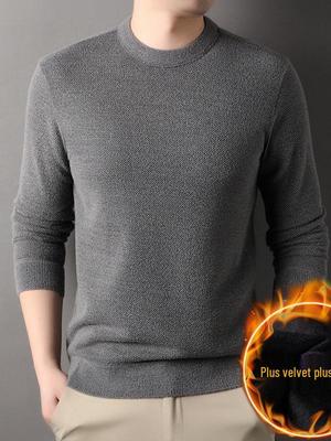 Men's Warm Thickened Knit Sweater - Autumn/Winter Casual, Middle-Aged, Round Neck, Solid Color, Fluffy Velvet.