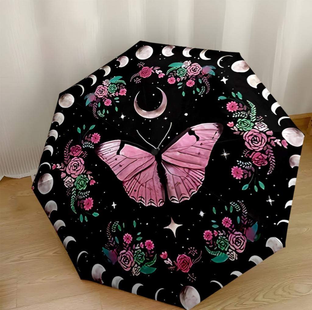 Purple Butterfly Garden Compact Travel Automatic Umbrella Compact 8-Rib Design Durable Plastic & Iron for Outdoor Daily Use Fashion Lovers