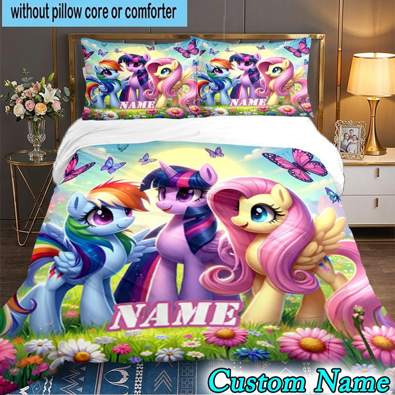 3PCS Custom Name Rainbow Unicorn Bedding Set Printed Duvet Cover Closure Includes 1 Duvet Cover & 2 Pillowcases for All Seasons Bedroom Decor