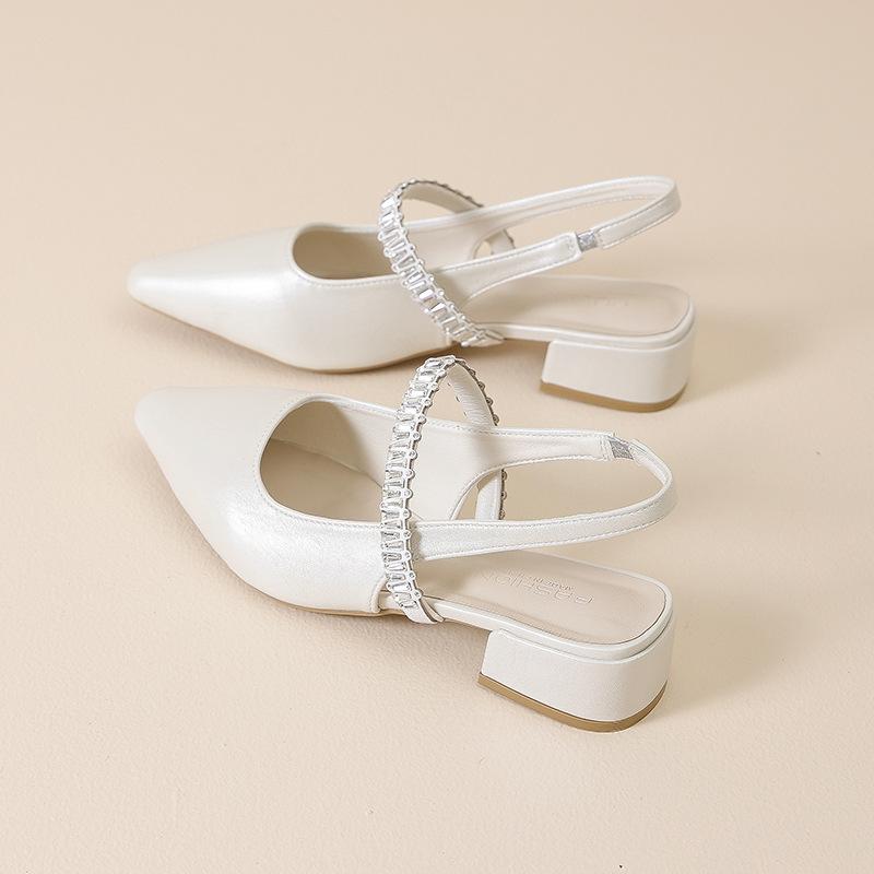 Pointed Thick Heel Fashion Single Shoes Women's Bag Head Sandals 2025 New Rear Air Shallow Mouth Middle Heel Mary Jane Shoes Women's Shoes