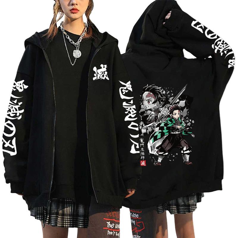 Women's Japanese Retro High Quality Hoodie Harajuku Anime Demon Slayer Printed Zipper Sweatshirt Outerwear Spring Loose Jacket