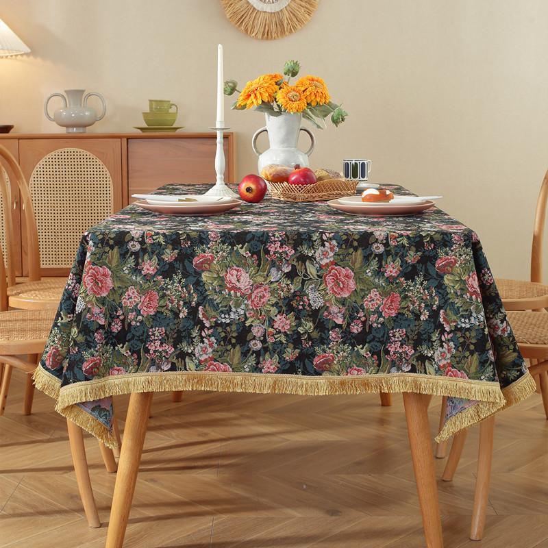 Polyester Cotton Color Woven Jacquard Flower Geometric Gold Fringed Tablecloth Rectangular Coffee Table Tablecloth Dining Table Cloth