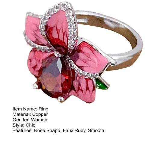 Women Flower Ring Faux Ruby Decor Smooth Polished Index Finger Ring Copper Cocktail Party Prom Commuting Finger Jewelry Holiday Gift