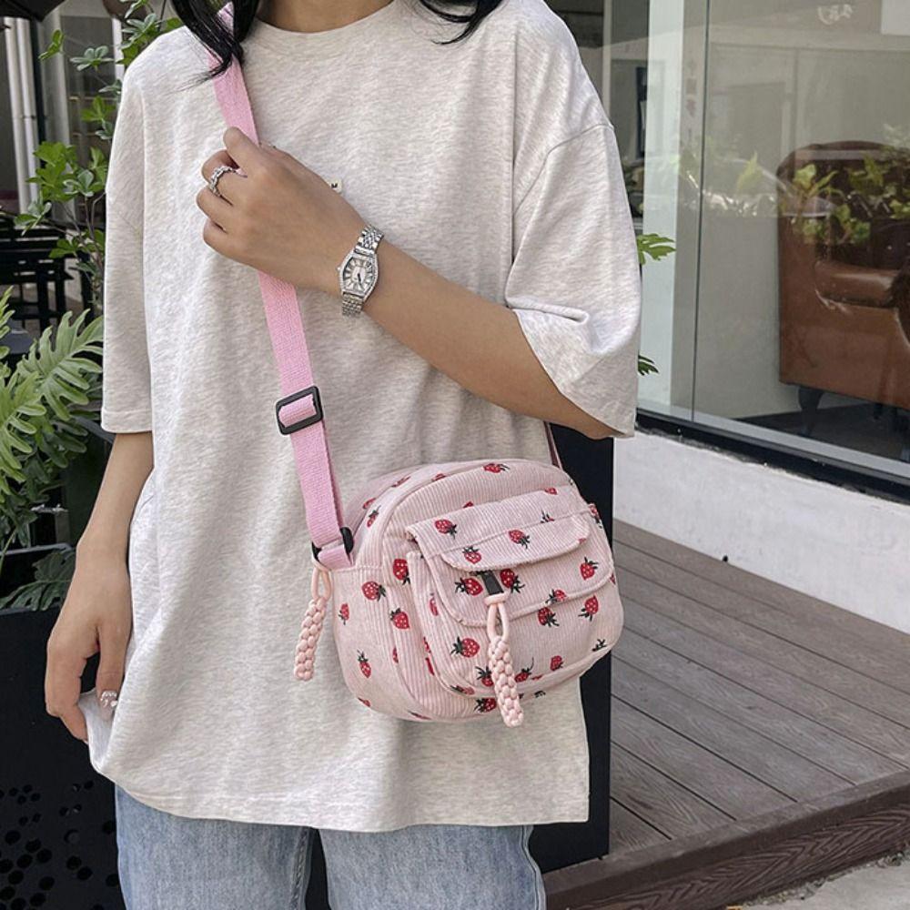 

Zipper Women Shoulder Bag Large Capacity Corduroy Handbag Portable Strawberry Crossbody Bag Travel