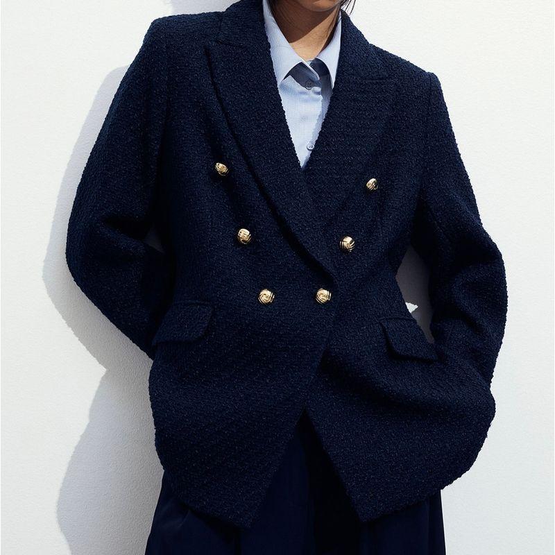 

Export Single H Home Fall and Winter New Arrival Long Sleeves Exquisite Breasted All-Matching Graceful Elegance Fashion Pocket Suit Women s Jacket Navy blue B XL