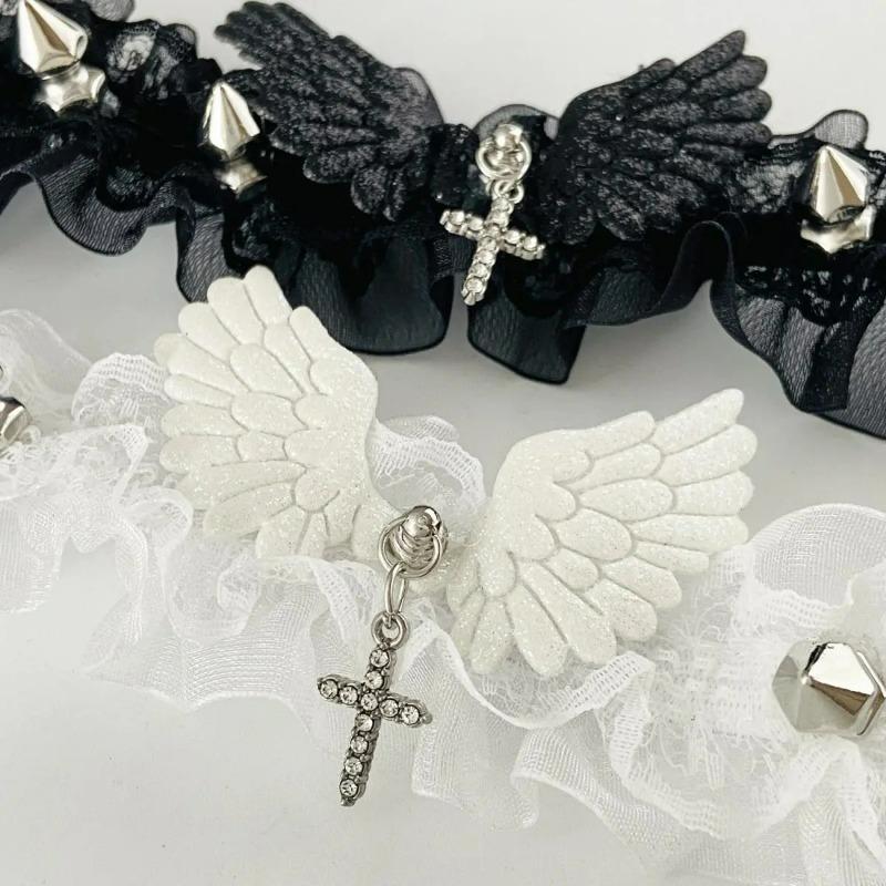 Sexy Negro Blanco Encaje Lolita Gargantilla Gótico Cristal Colgante Cruz Alas de Ángel Remache Collar para Mujeres Encanto Fiesta Joyería Regalo