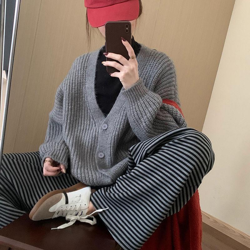 Thick Yarn Knitted Cardigan Office Loose Lazy Style Casual Sweater Coat Elegant Purple V-neck Shawl Outerwear