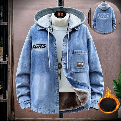 Autumn and Winter Models Plus Velvet Tooling Denim Jacket Men's Korean Version of Loose Student Fashion Jacket Thick Warm Hooded Denim Jacket