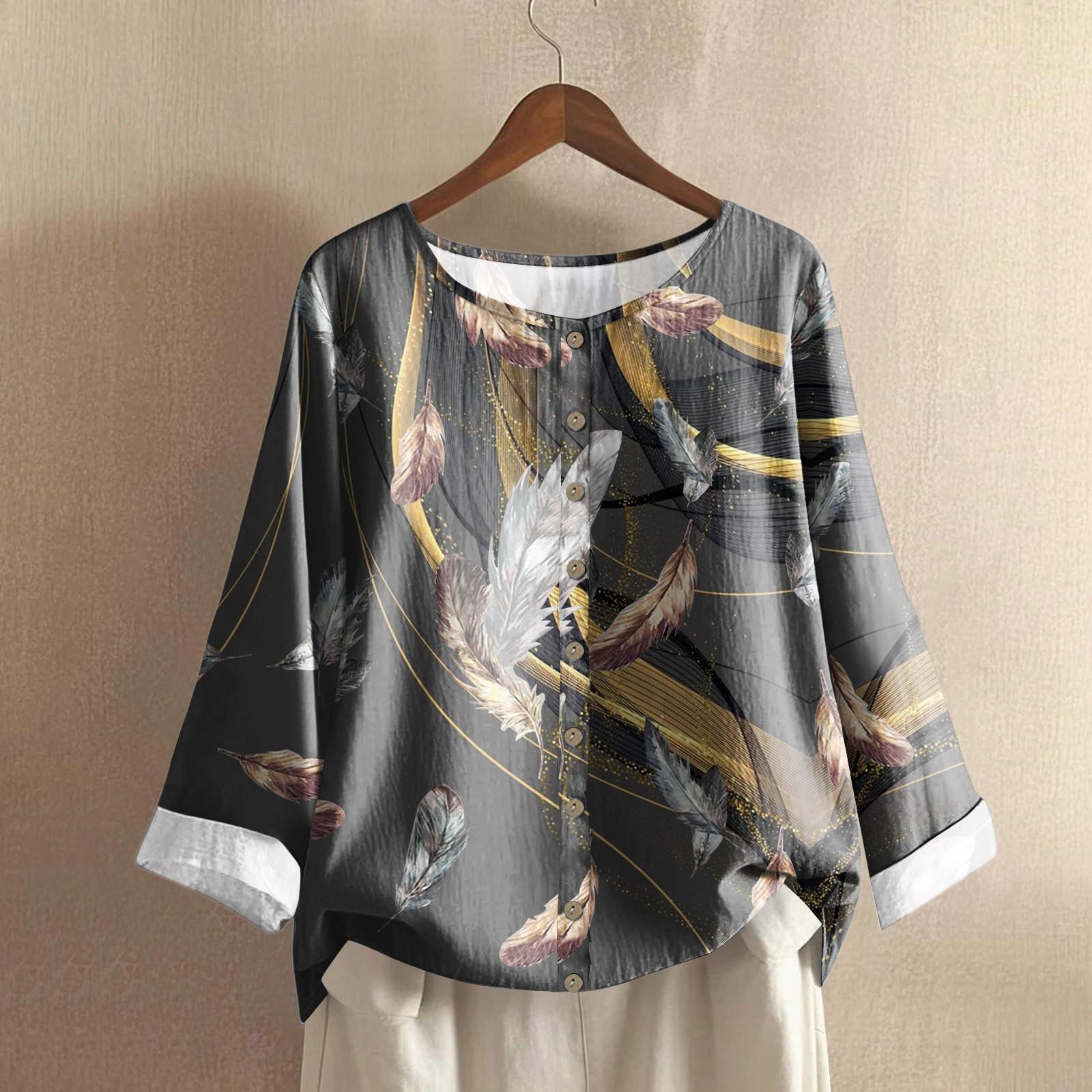 

Women s Casual Long-sleeved Round Neck Retro Geometric Print Cotton And Linen Top XXL