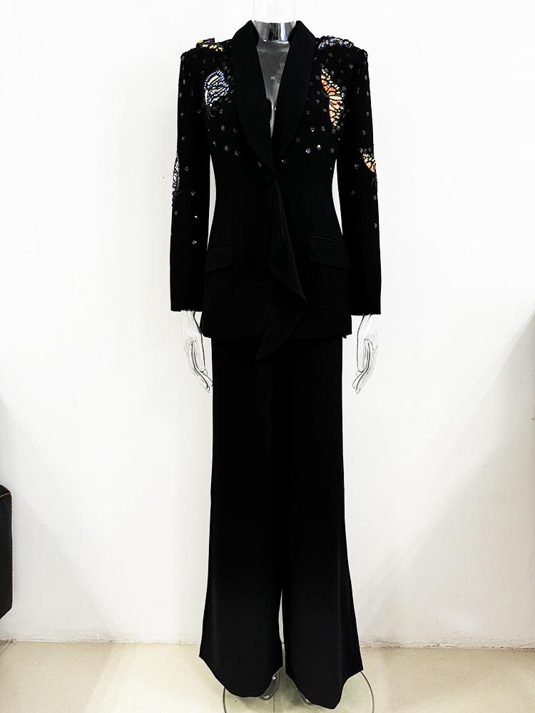 High Street Fashion 2026 Butterfly Bead Rhinestone Suit: Heavy Duty, Three-Dimensional Two-Piece Set with Long Pants.